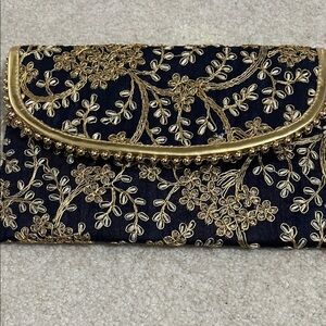 Embroidered Gold Floral Clutch Wristlet - Black & Gold